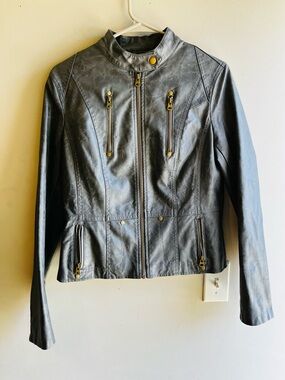 Womens Black Faux Leather Zip-Front Jacket With Gold Details Pockets